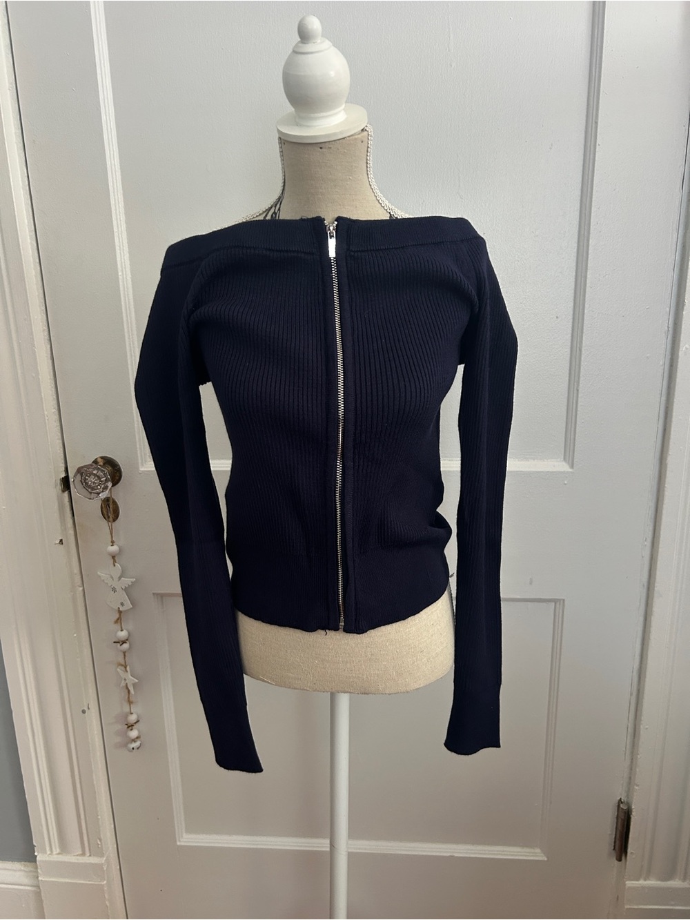 Soho Black Ribbed Zip-Front Off-Shoulder Sweater